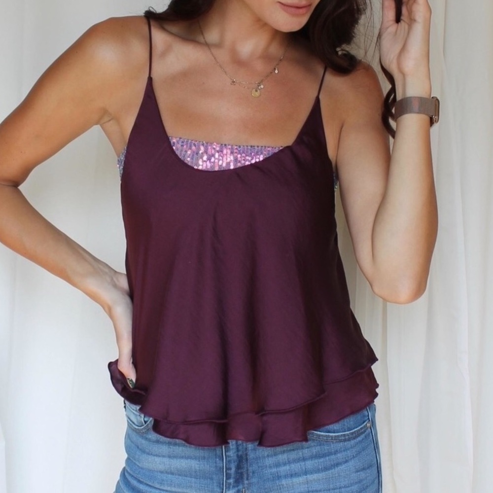 Free People “Turn it on” sequin camisole top burgundy and purple colors NWT - Picture 9 of 11
